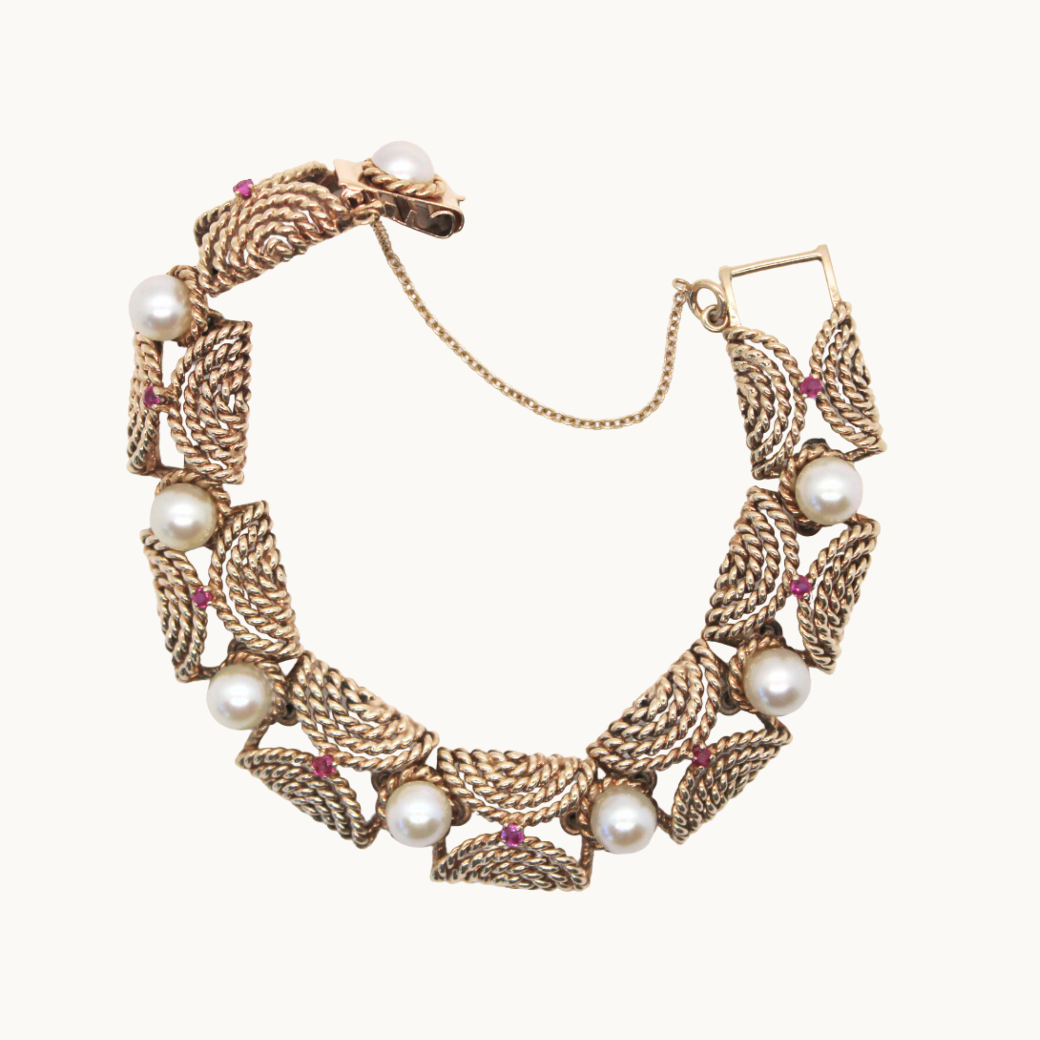 Bracelet angulaire en or jaune 10K avec perles et rubis