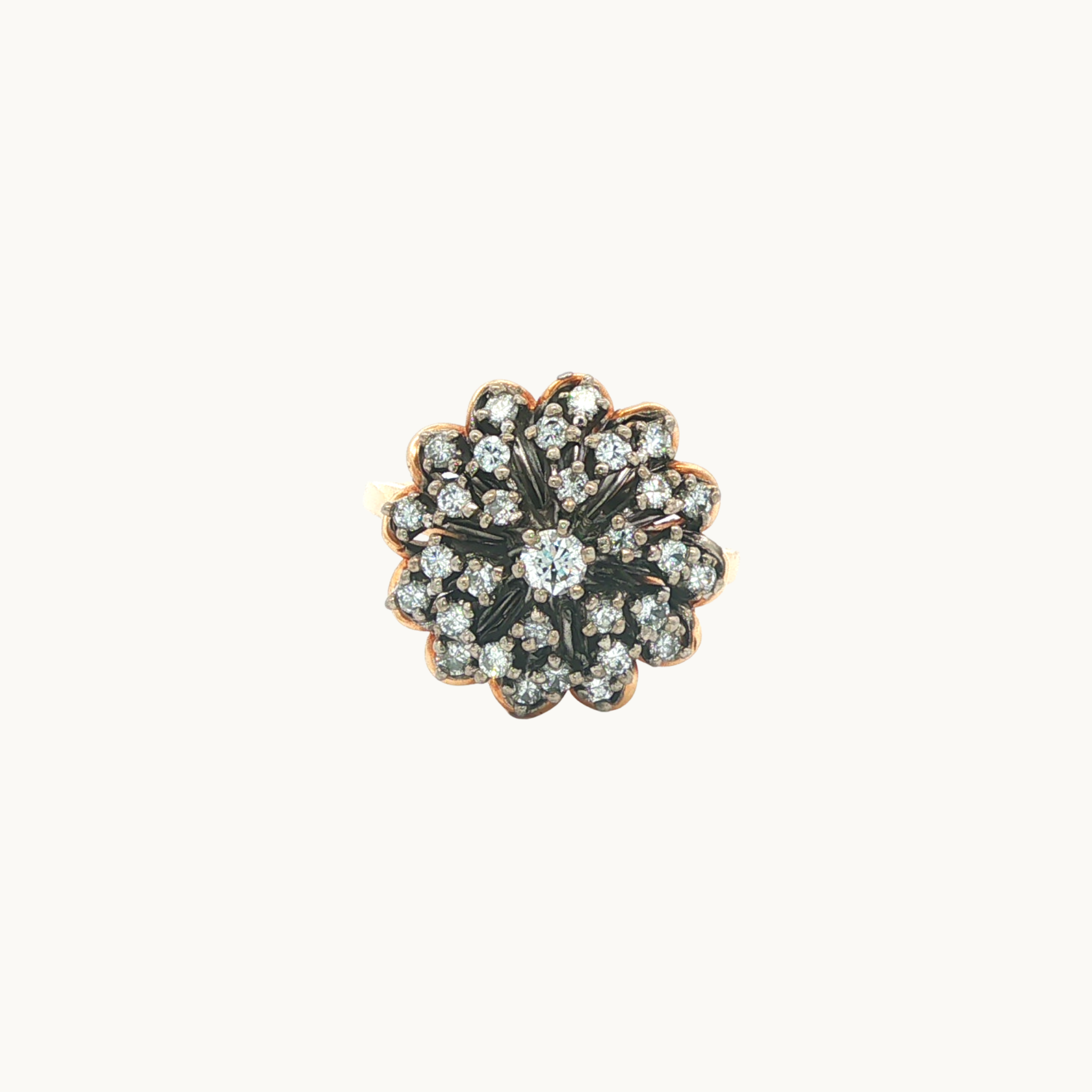 Bague Cocktail Florale en Or Jaune et Blanc 14K avec Diamants