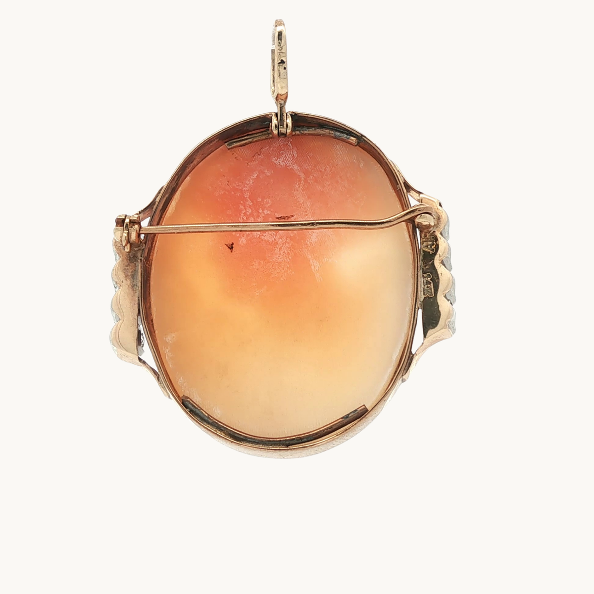 Pendentif/Broche en Or Rose 14K avec Camé de Coquillage et Diamants