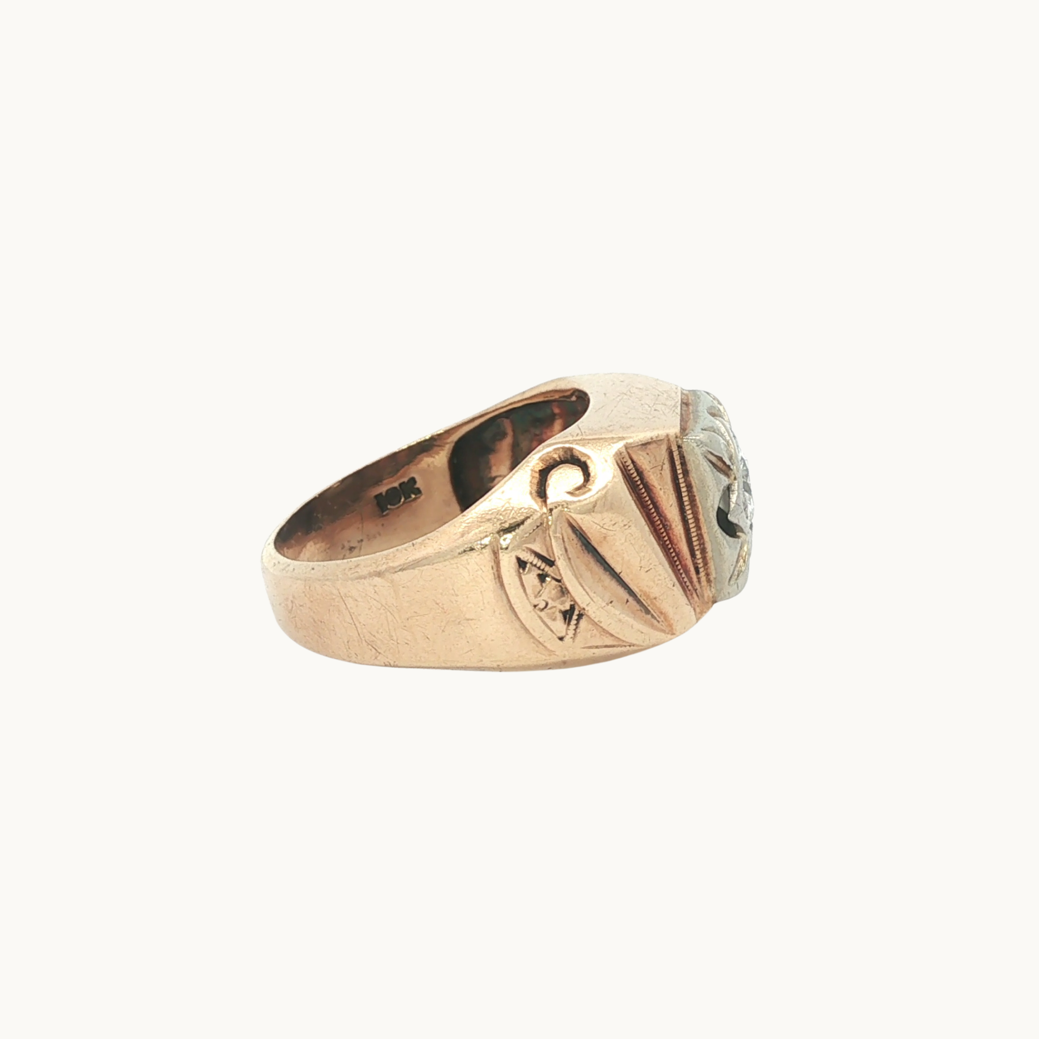 Bague Chevalière en Or Jaune et Blanc 10K avec Diamant