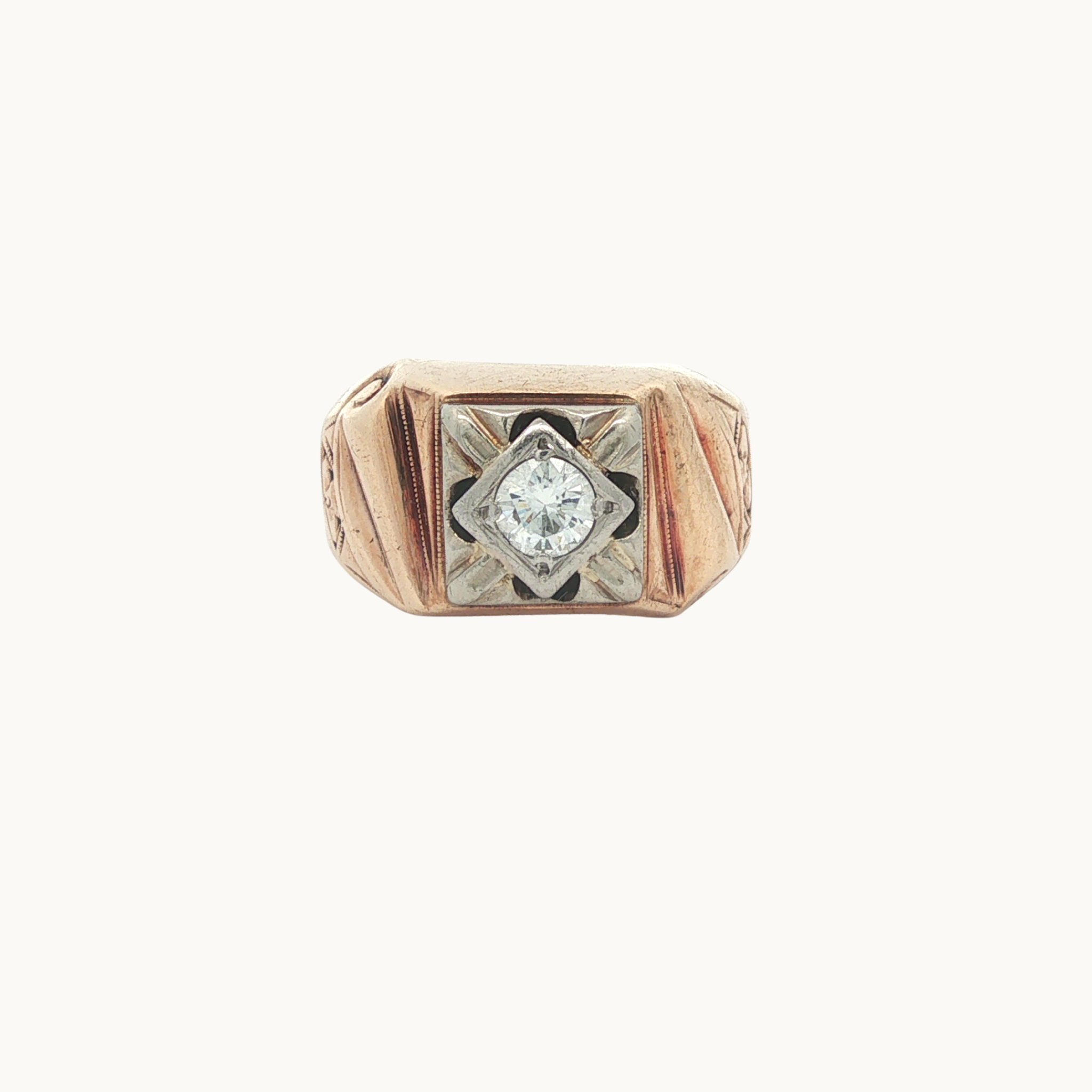 Bague Chevalière en Or Jaune et Blanc 10K avec Diamant