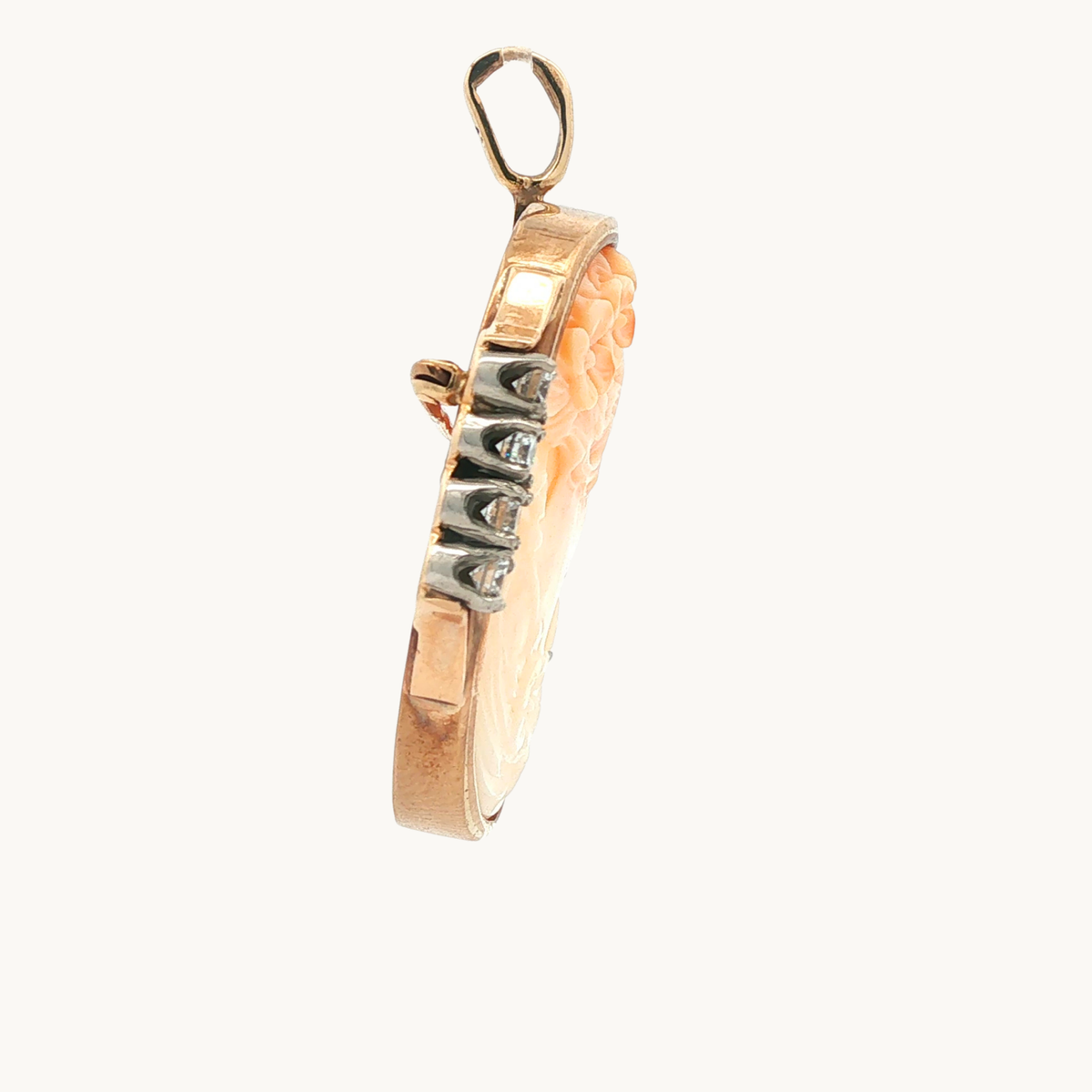 Pendentif/Broche en Or Rose 14K avec Camé de Coquillage et Diamants