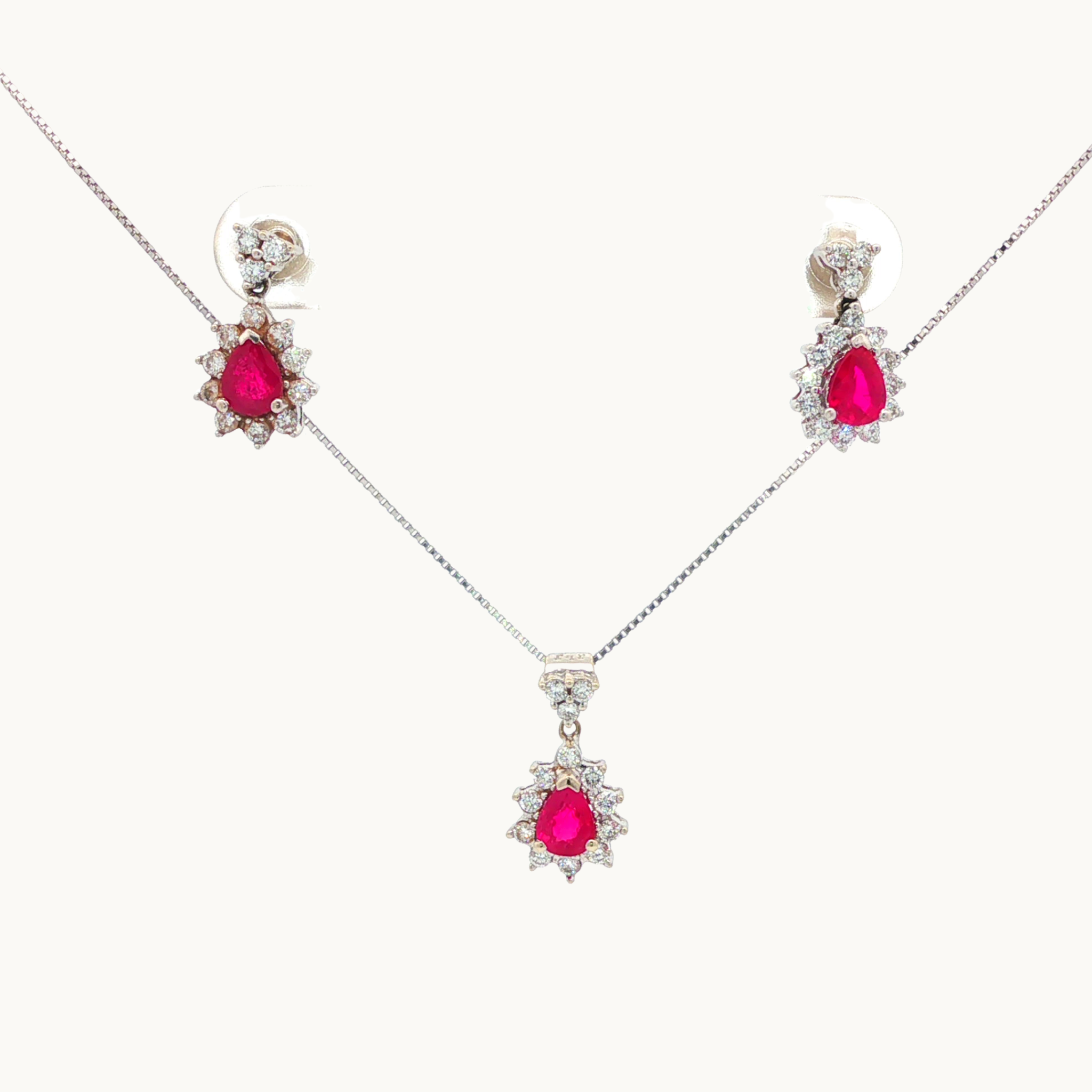 Parure de Bijoux en Or Blanc 14K avec Rubis et Diamant
