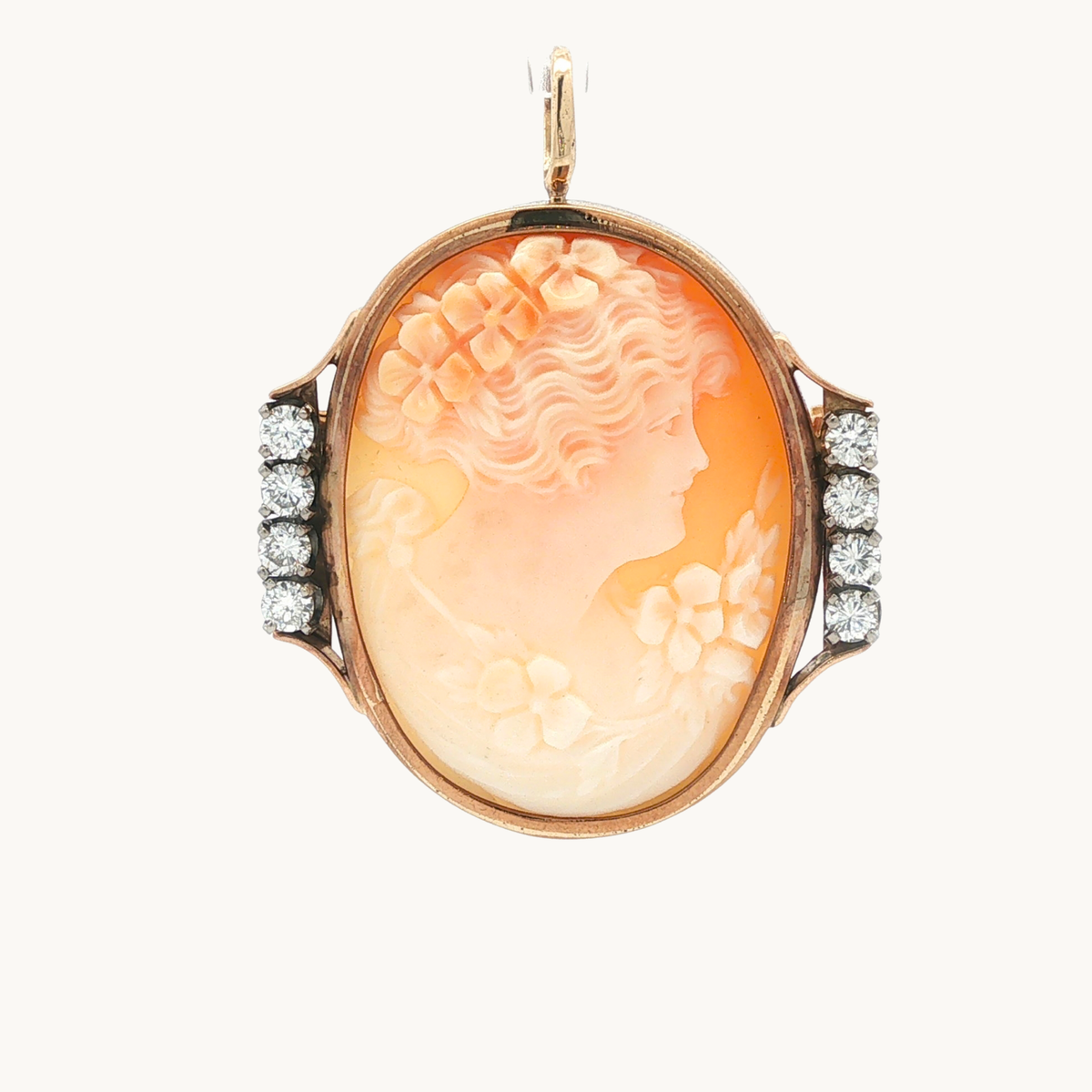 Pendentif/Broche en Or Rose 14K avec Camé de Coquillage et Diamants