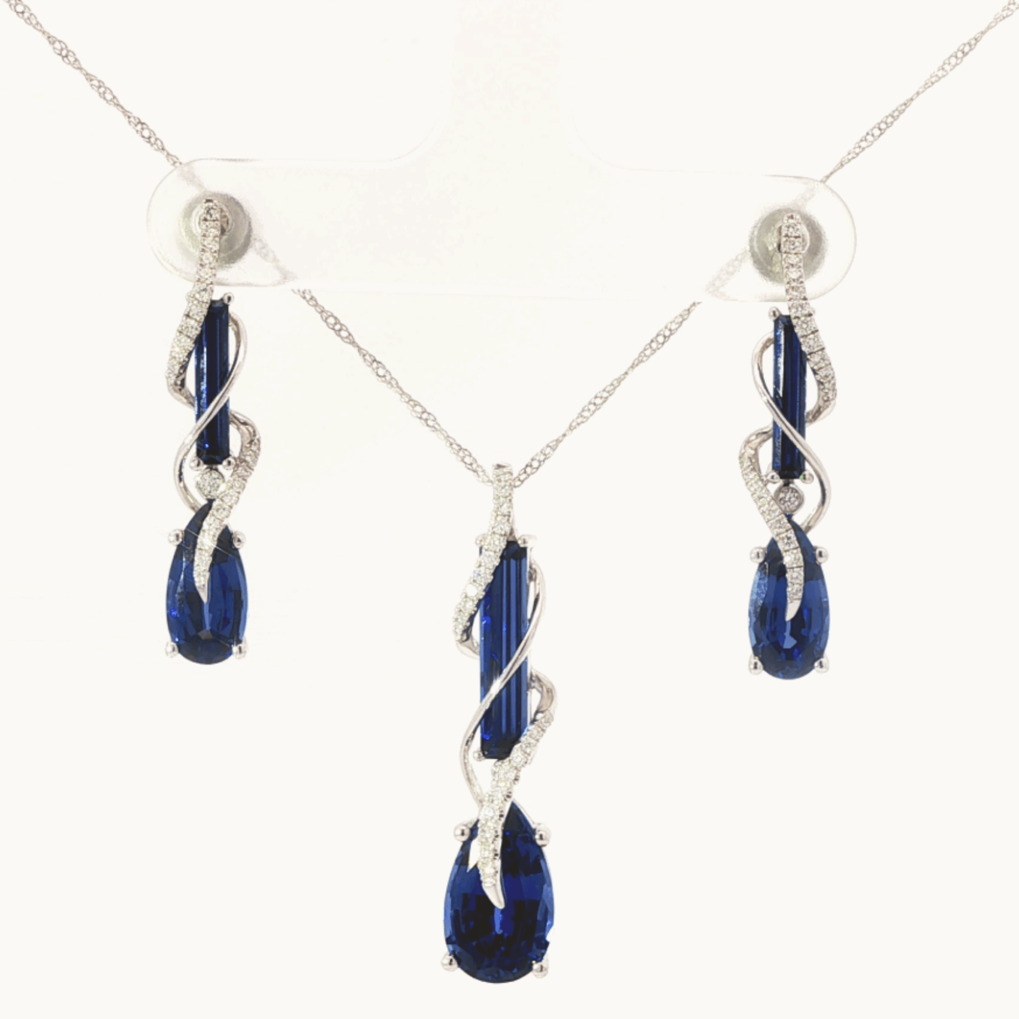 Chatham Jewelry Set in 14K White Gold with Sapphires and Diamonds