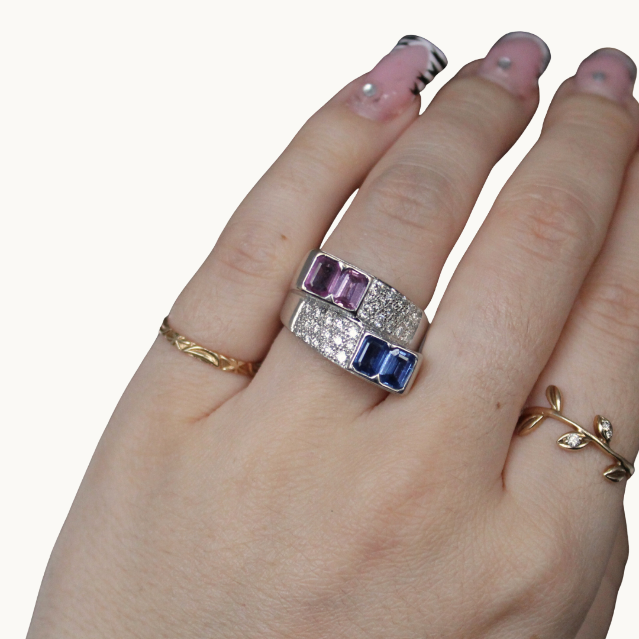 18K White Gold Ring with Pink Sapphires, Blue Sapphires, and Diamond Paving