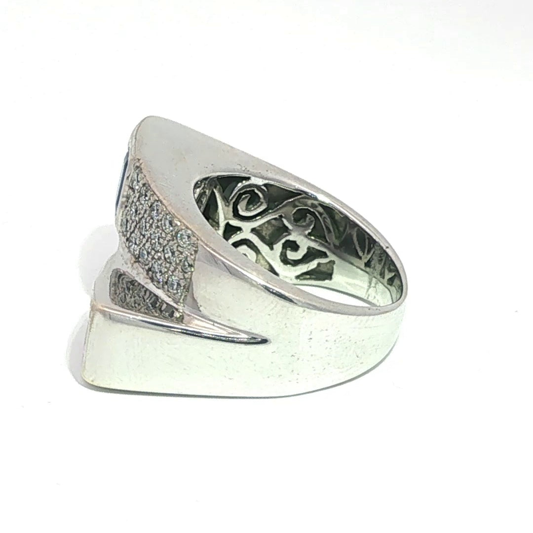 18K White Gold Ring with Pink Sapphires, Blue Sapphires, and Diamond Paving