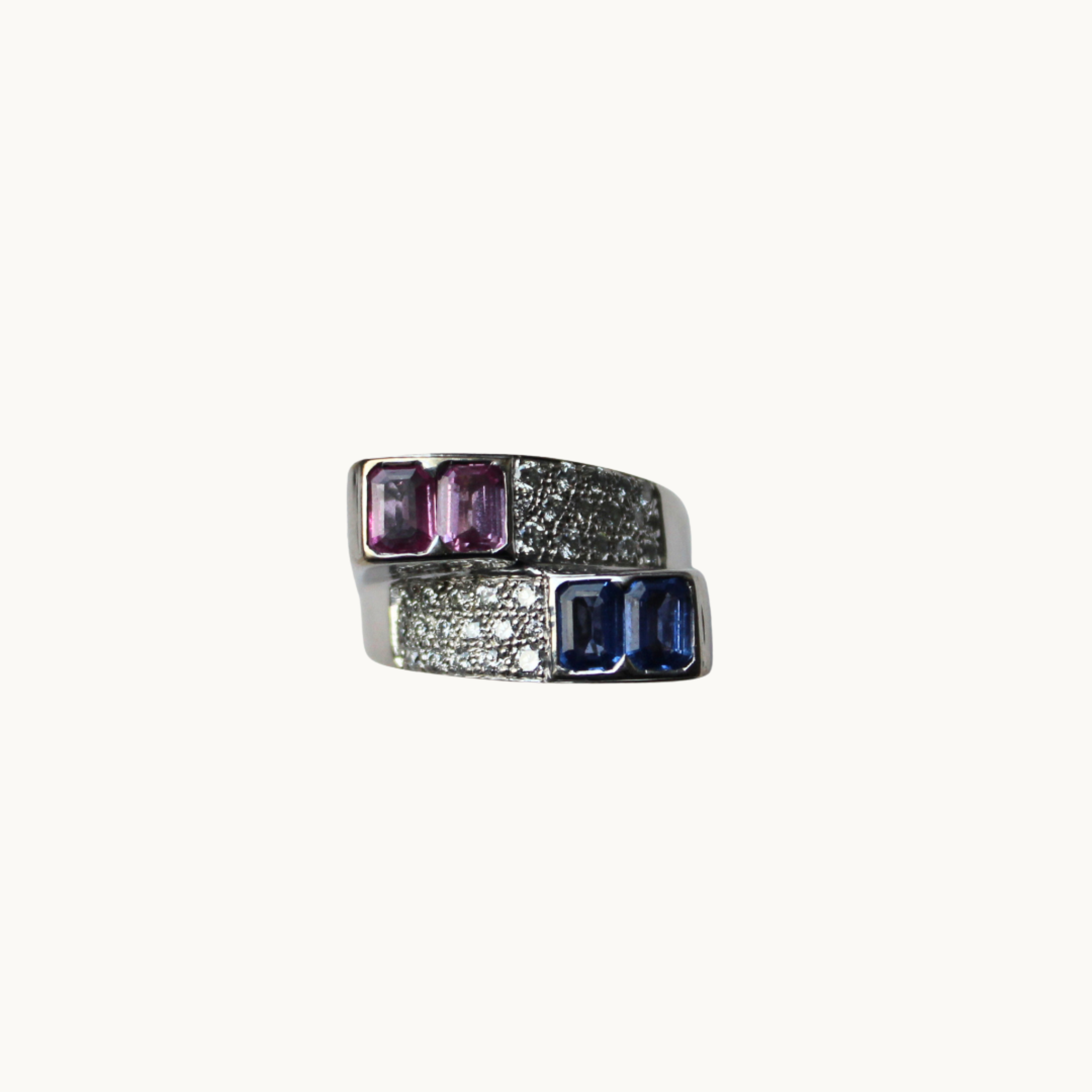 18K White Gold Ring with Pink Sapphires, Blue Sapphires, and Diamond Paving