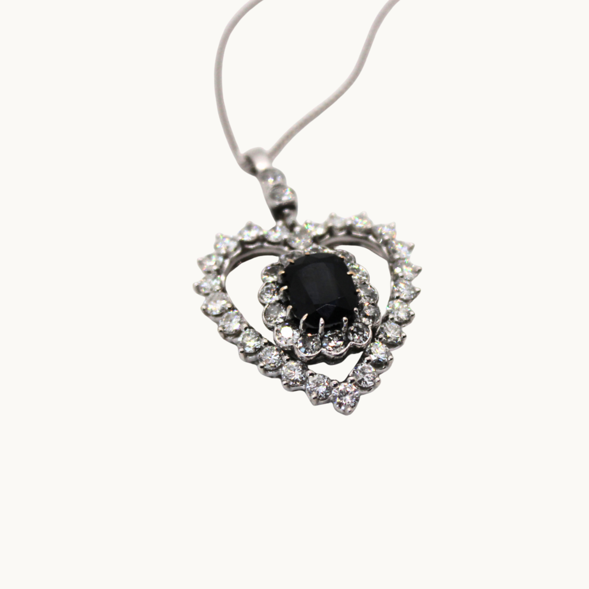 14K White Gold Heart Pendant with Sapphire and Diamonds