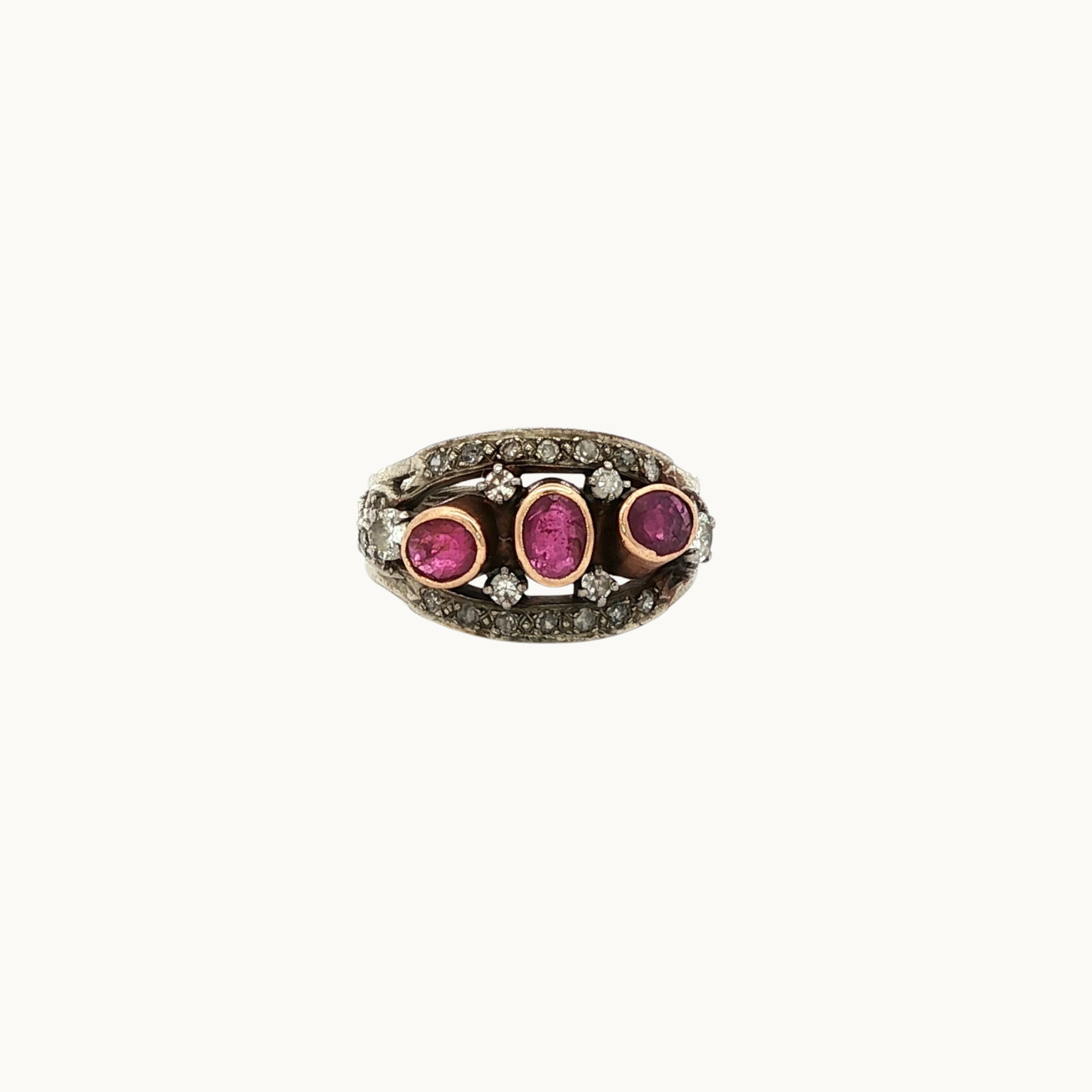 14K Yellow and White Gold Fashion Ring with Rubies and Diamonds