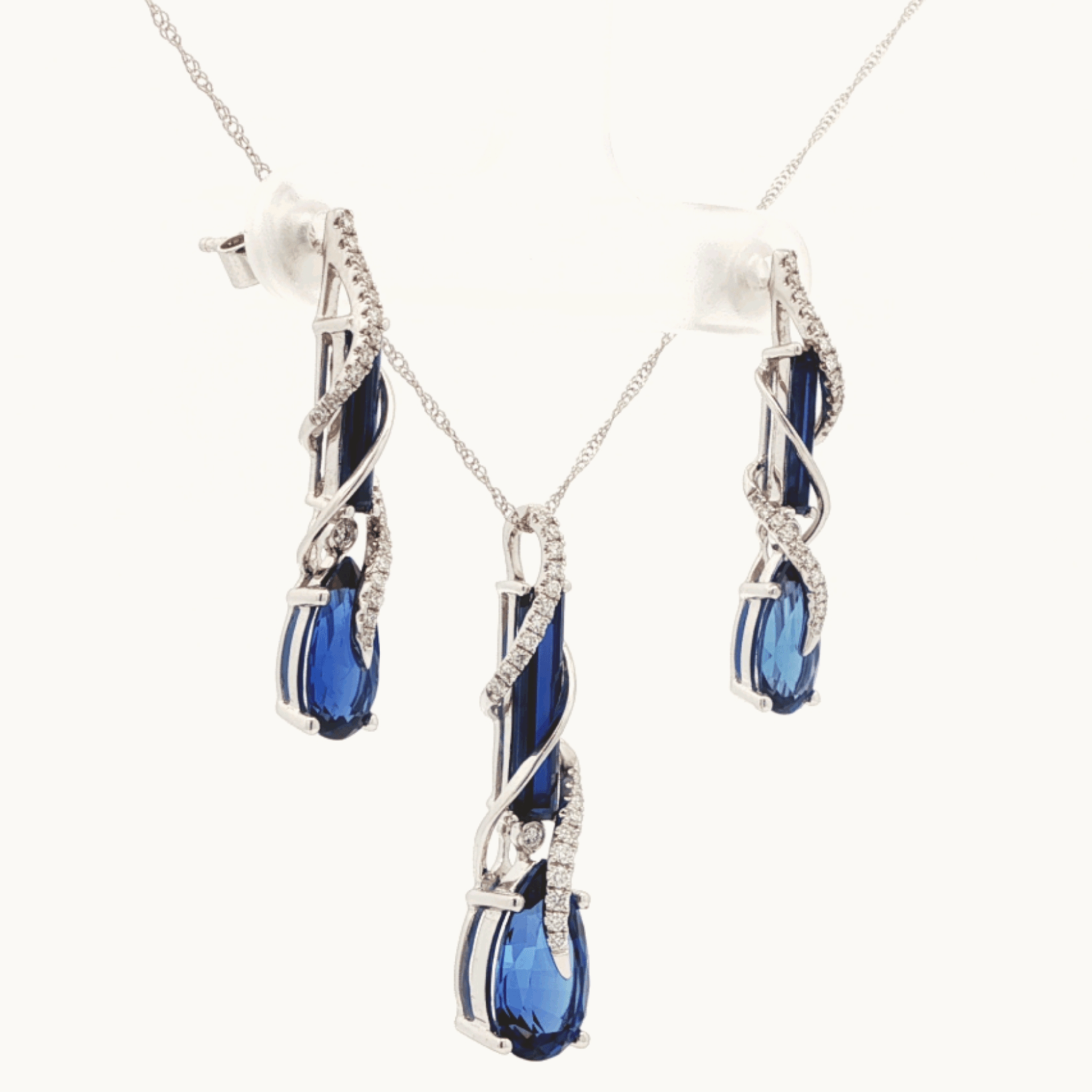 Chatham Jewelry Set in 14K White Gold with Sapphires and Diamonds