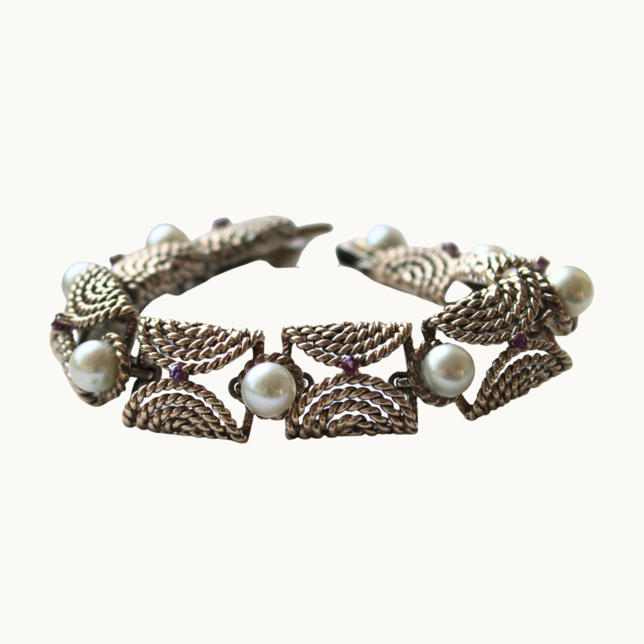 Bracelet angulaire en or jaune 10K avec perles et rubis