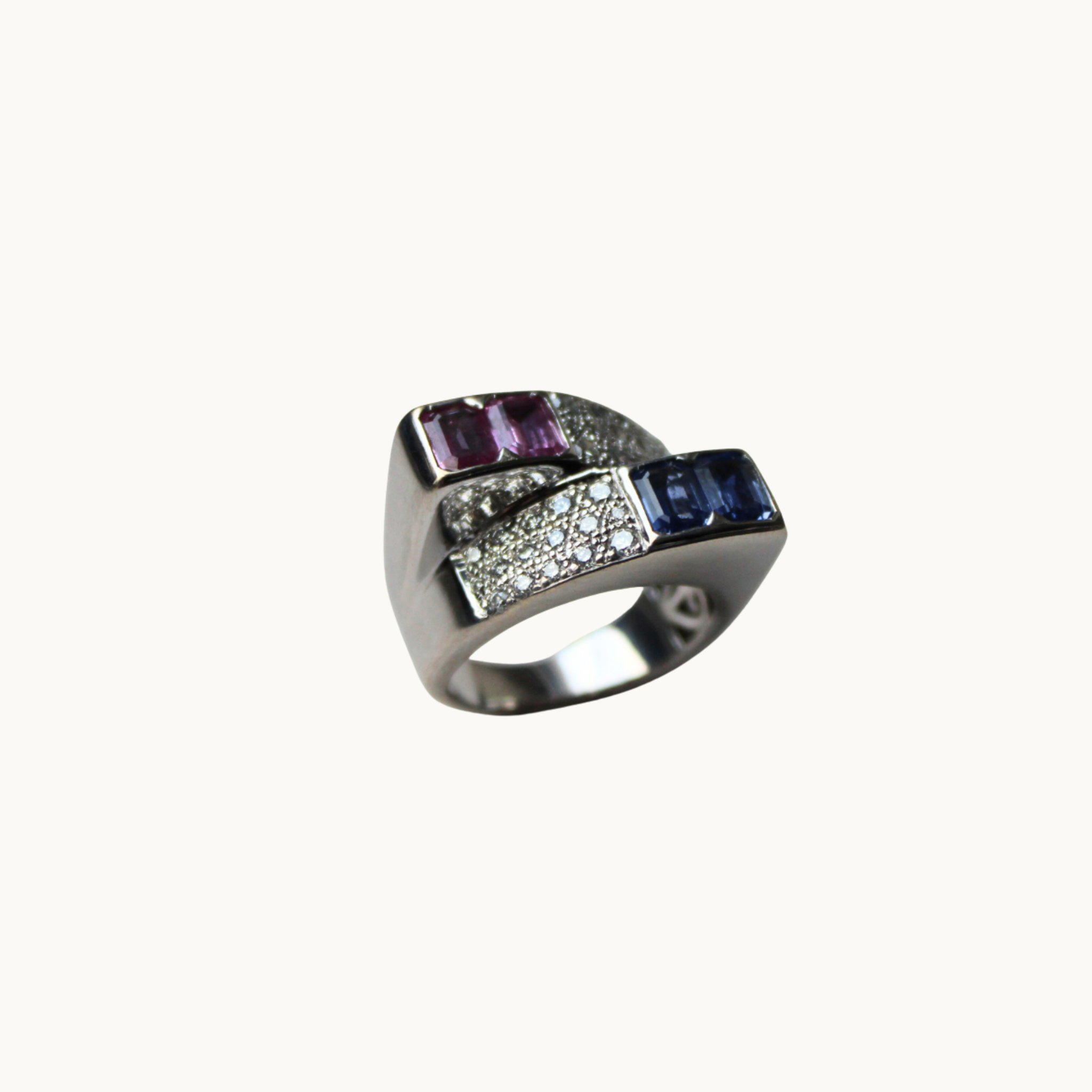 18K White Gold Ring with Pink Sapphires, Blue Sapphires, and Diamond Paving