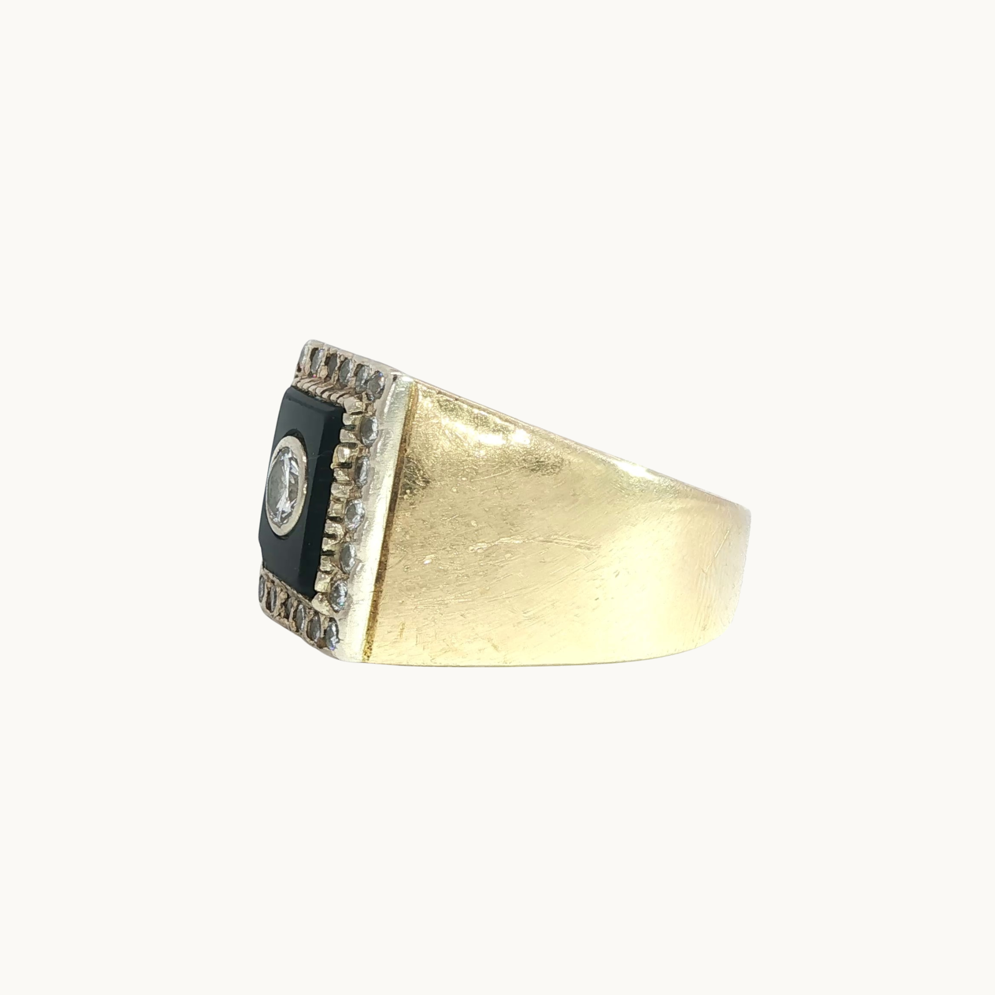 10K Yellow Gold Signet Ring with Onyx and Diamonds