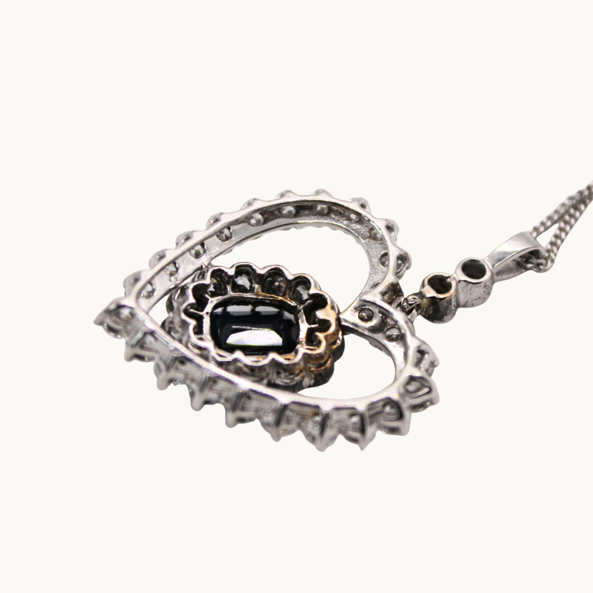 14K White Gold Heart Pendant with Sapphire and Diamonds