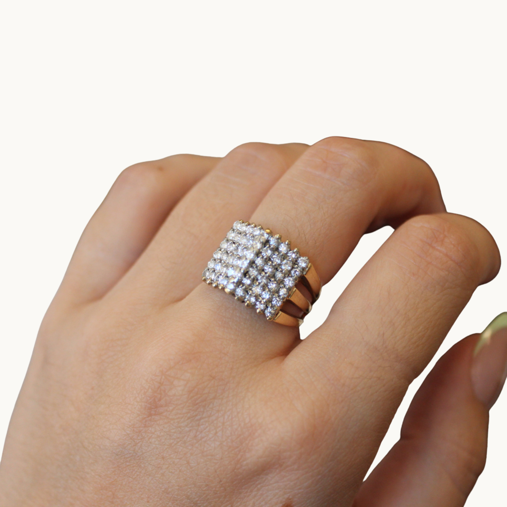 Wide ring in 10K yellow gold with diamonds