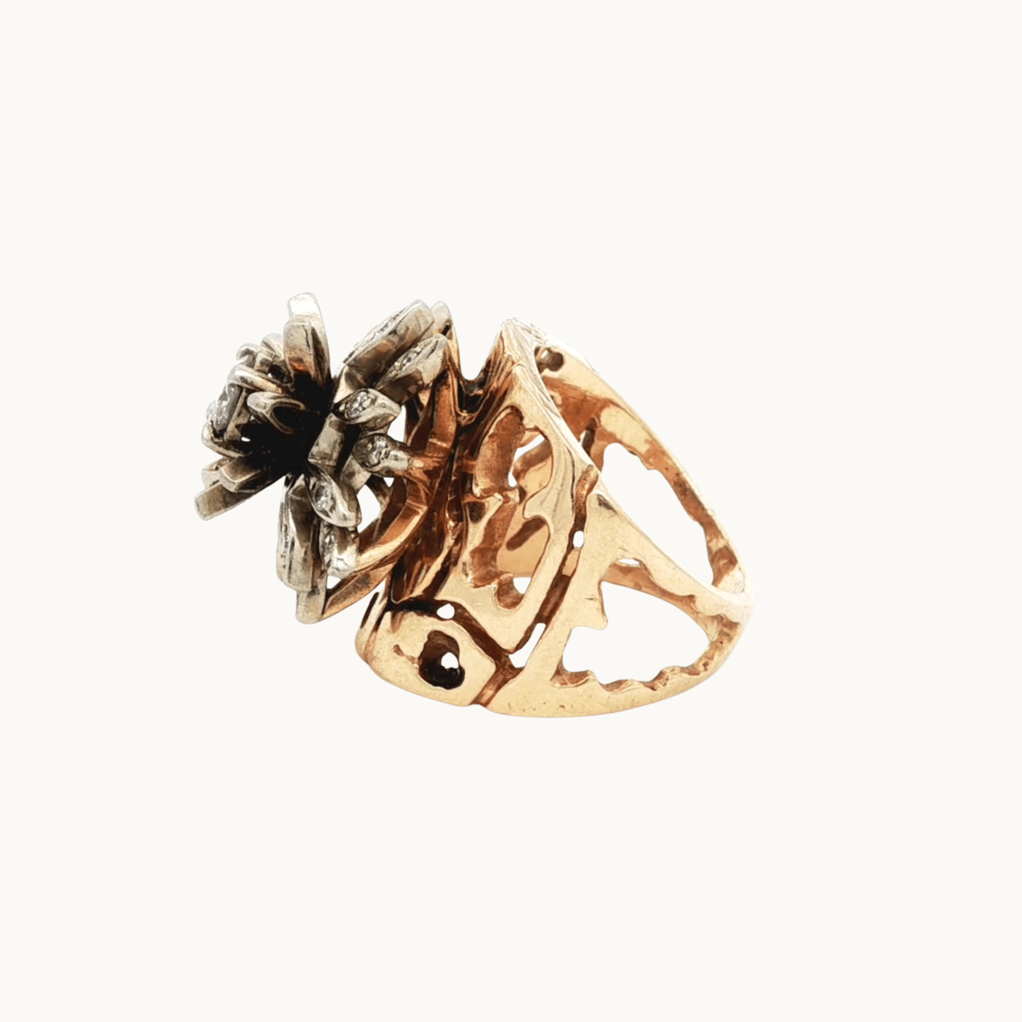 Bague Cocktail Florale en Or Jaune 14K et Diamants