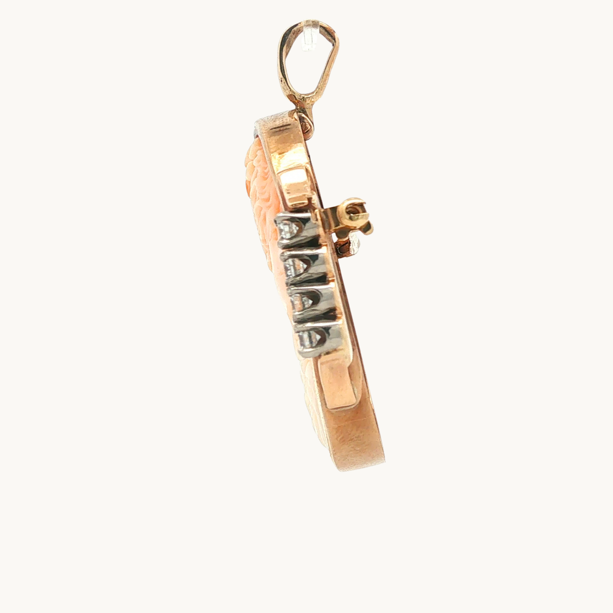 Pendentif/Broche en Or Rose 14K avec Camé de Coquillage et Diamants