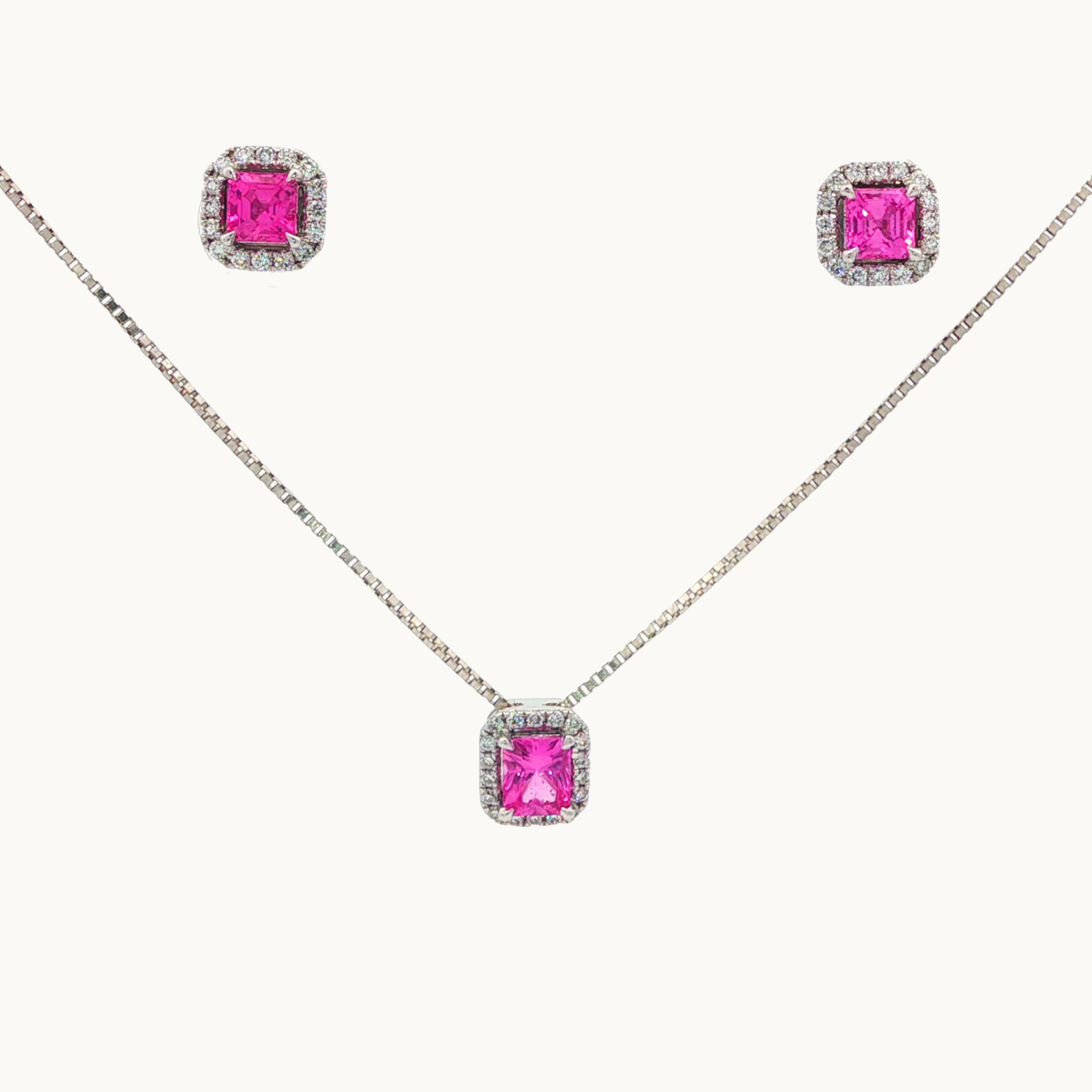 Parure de Bijoux en Or Blanc 14K avec Saphirs Rose et Diamants