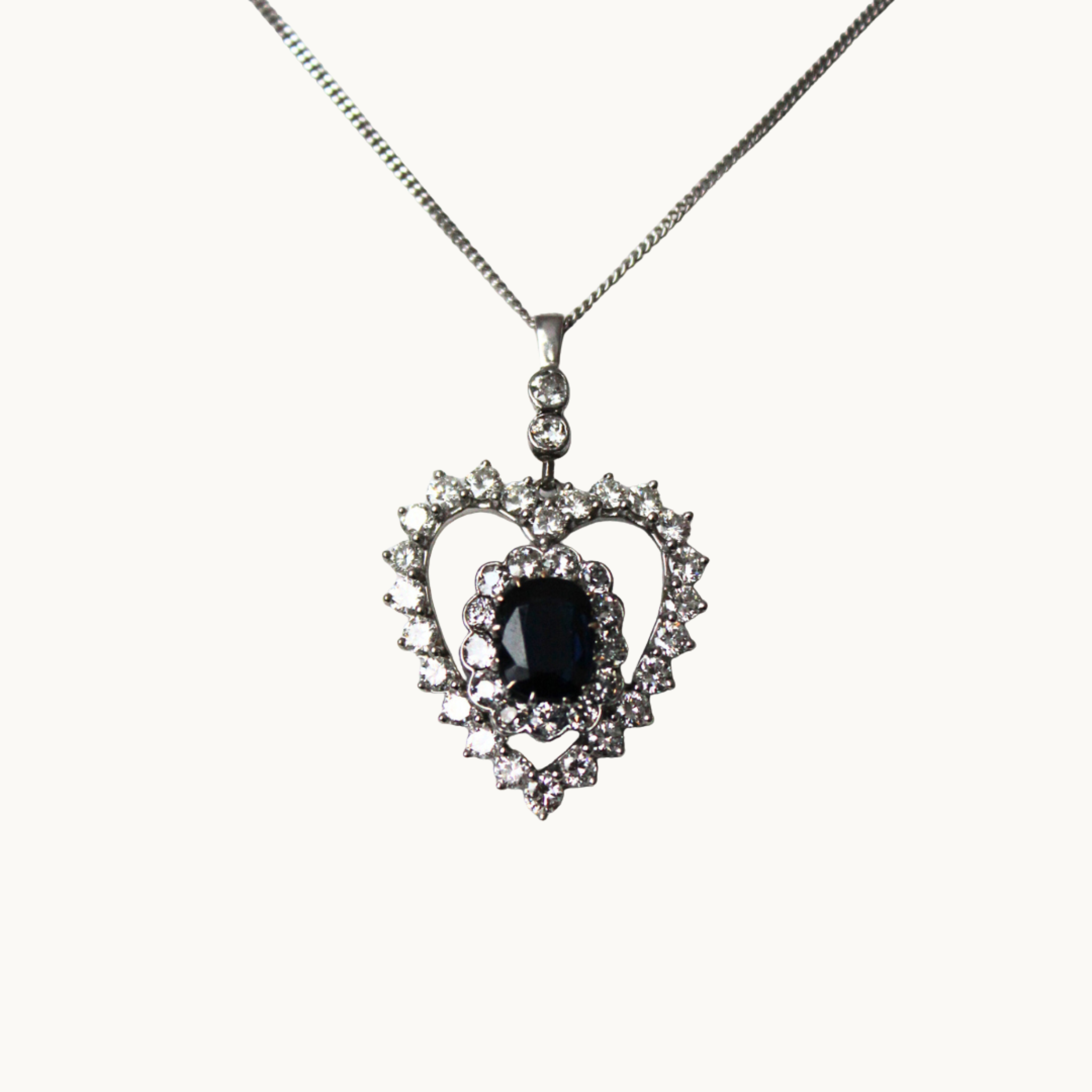14K White Gold Heart Pendant with Sapphire and Diamonds