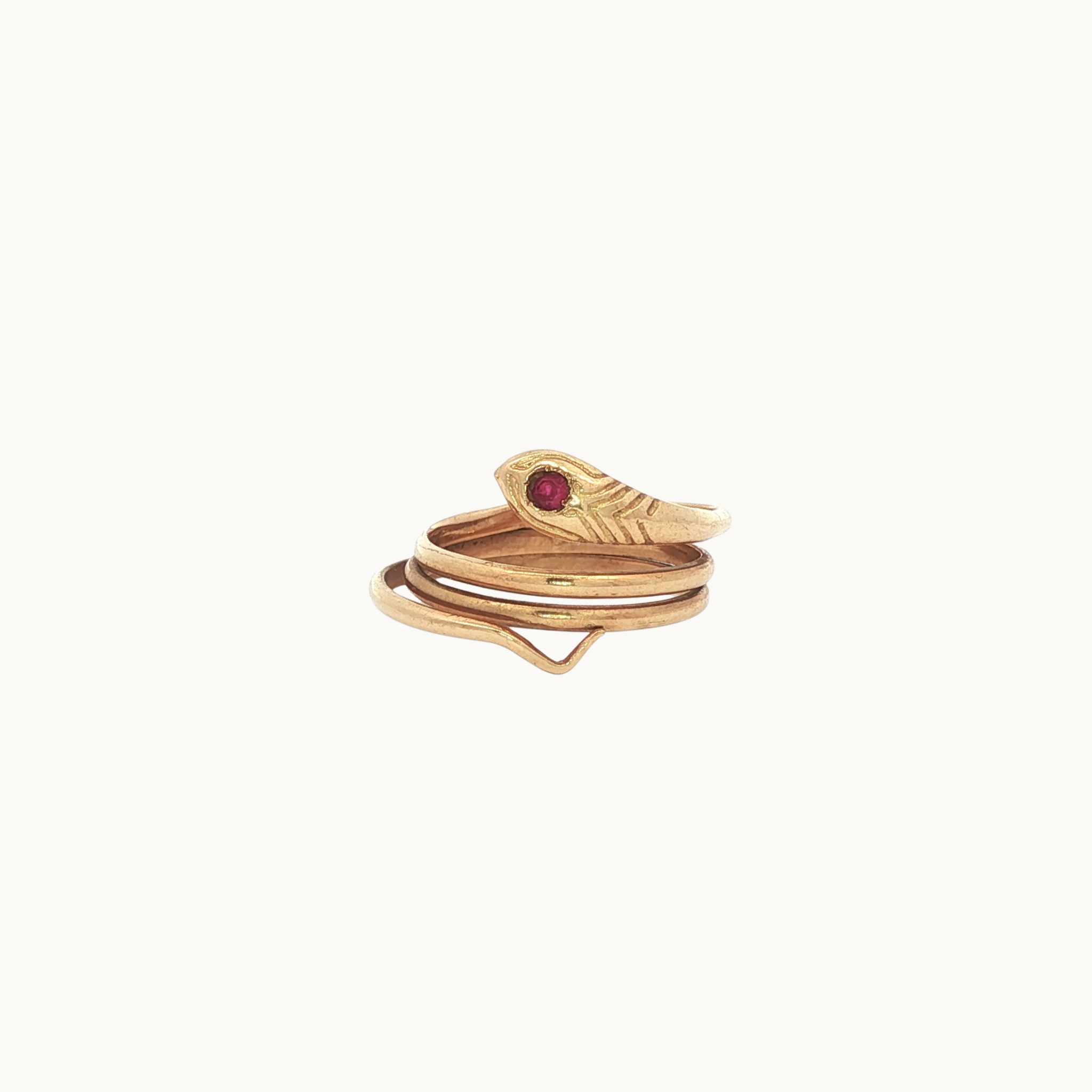 18K Yellow Gold Snake Ring with Synthetic Ruby