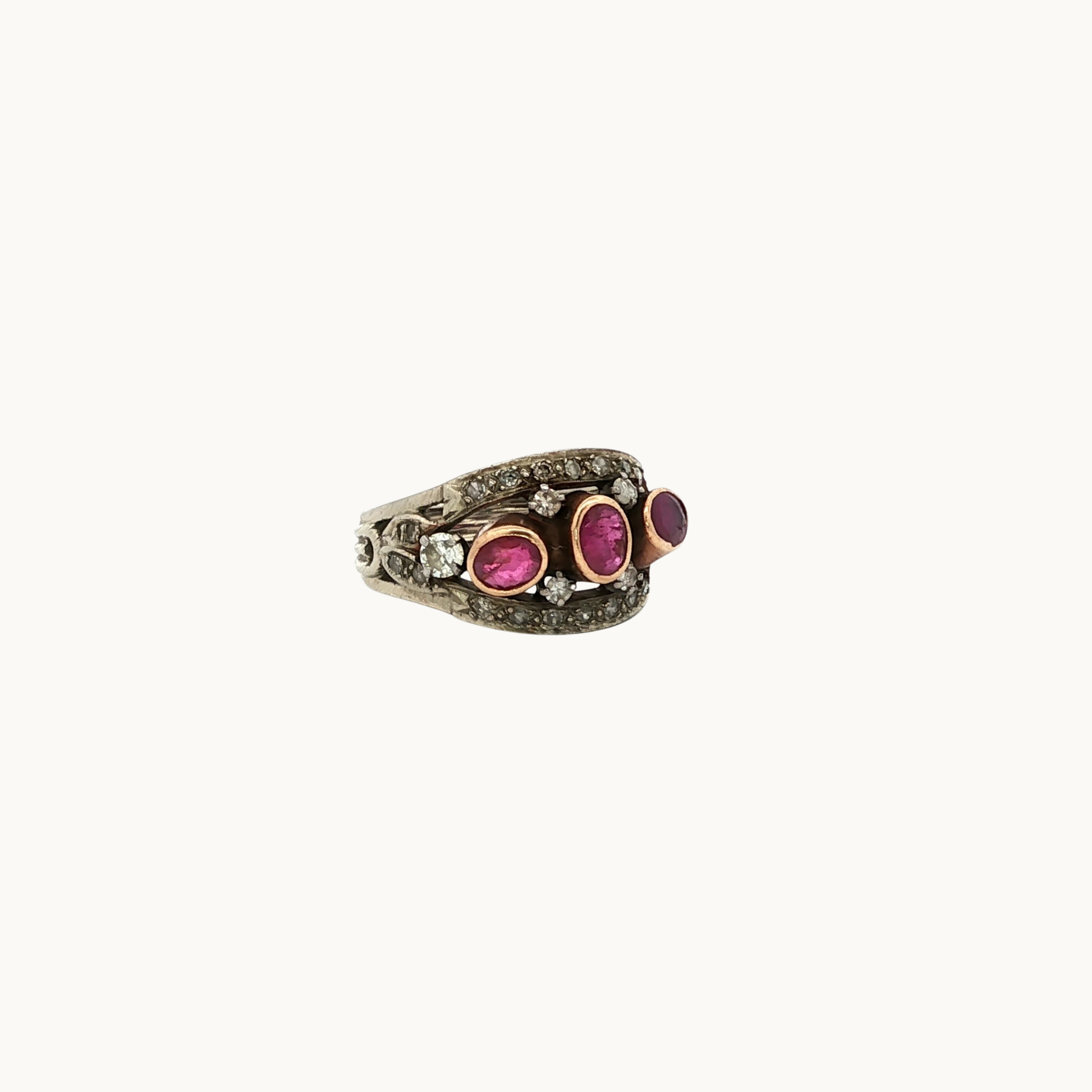14K Yellow and White Gold Fashion Ring with Rubies and Diamonds
