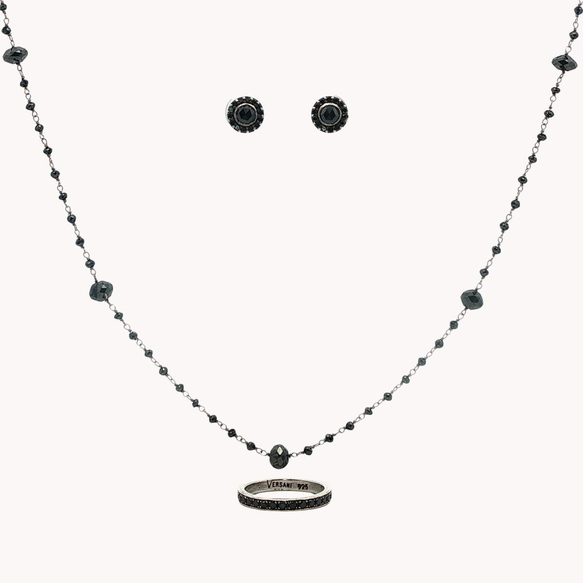 Ensemble de Bijoux en Or Blanc 14K et Argent avec Diamants Noirs