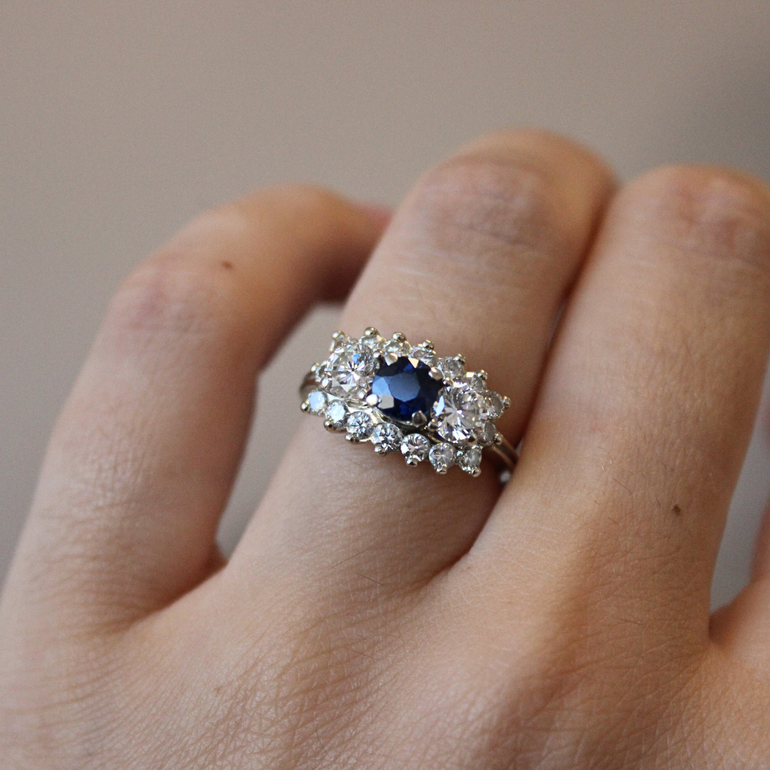 14K White Gold Ring with Diamonds and Sapphire