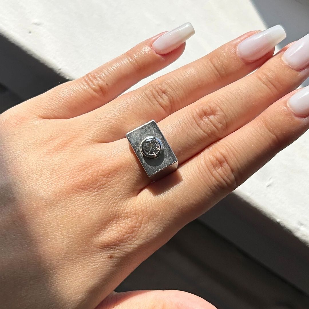 14K White Gold and Diamond 0.65ct brushed Signet Ring