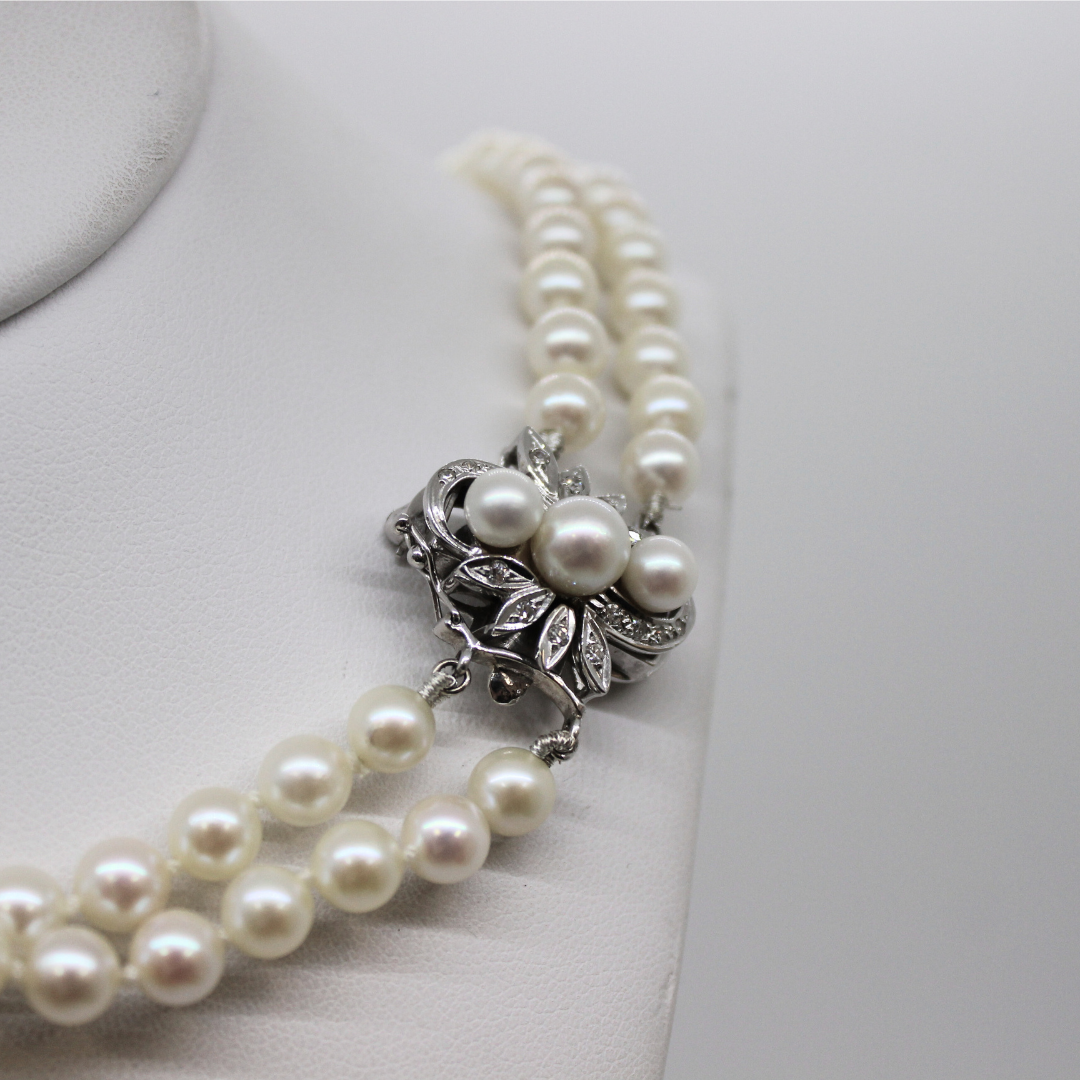 Collier Vintage En Perles De Culture 5mm Nouées Sur Fil, Avec Agrafe En Or Jaune 14K - Occasion