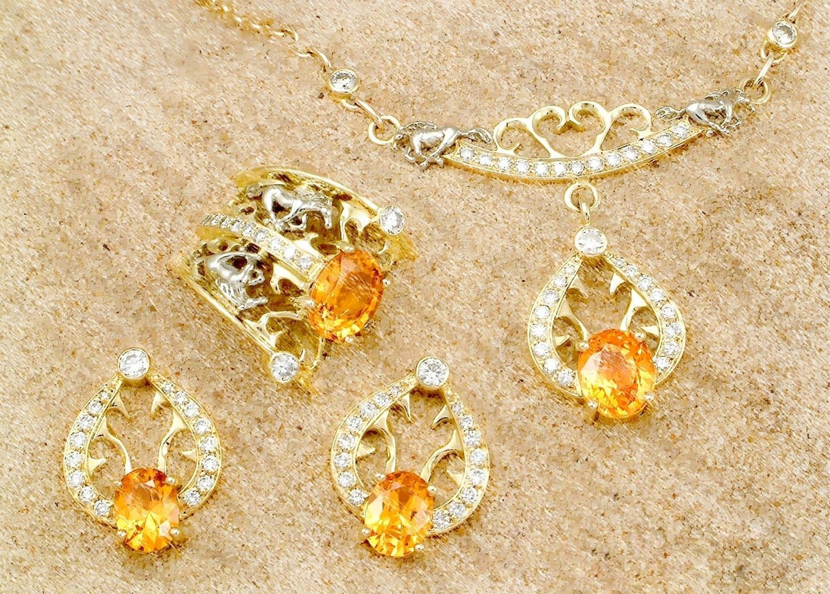 18K Yellow and White Gold Jewelry Set with Spessartite Garnet