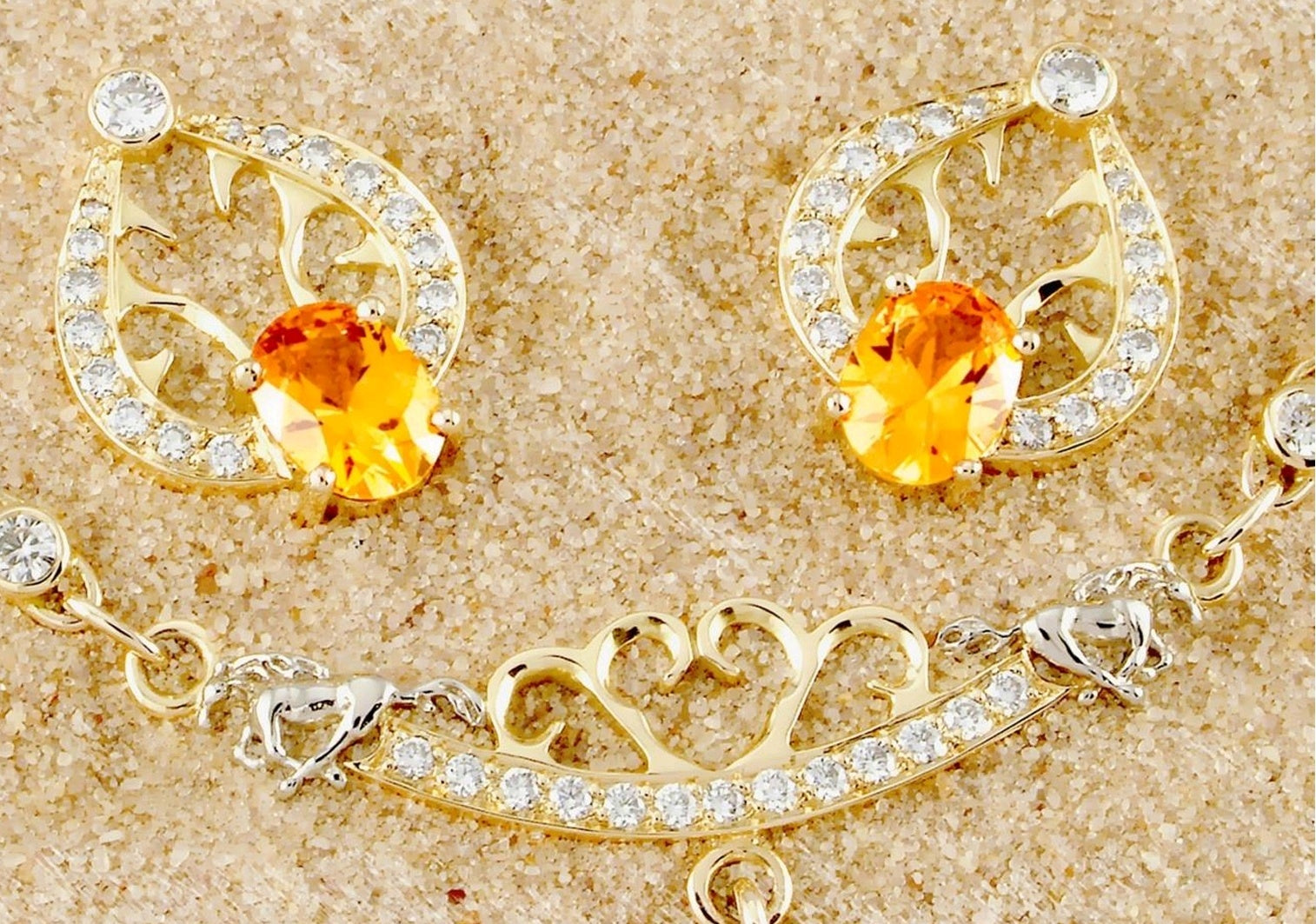 18K Yellow and White Gold Jewelry Set with Spessartite Garnet