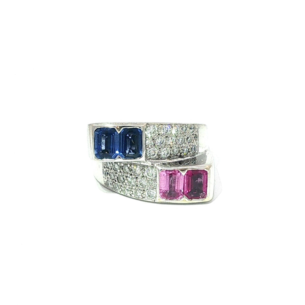 18K White Gold Ring with Pink Sapphires, Blue Sapphires, and Diamond Paving