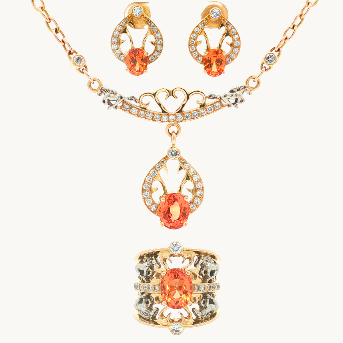 18K Yellow and White Gold Jewelry Set with Spessartite Garnet